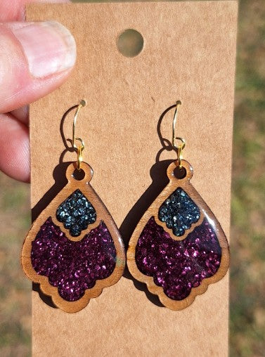 Midnight Bloom – Wood & Crushed Glass Earrings
