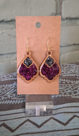 Midnight Bloom – Wood & Crushed Glass Earrings