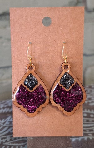 Midnight Bloom – Wood & Crushed Glass Earrings